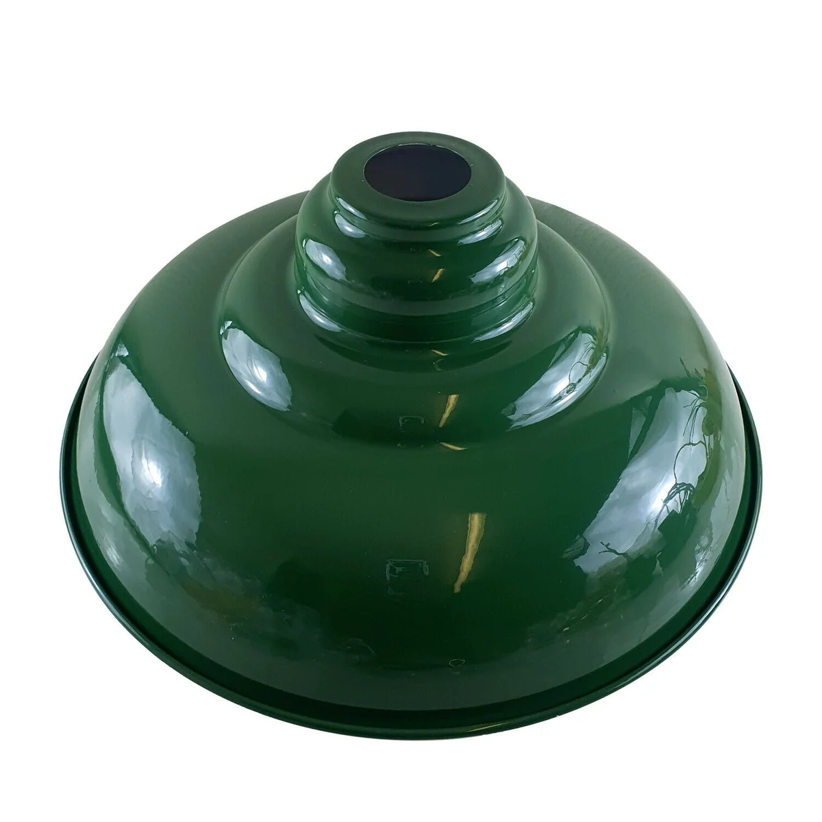 Modern green lampshade with semi-curvy metal design, glossy finish, and easy-fit E27 base shown hanging indoors
