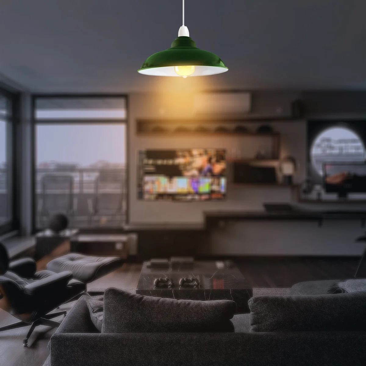Green gloss semi-curvy metal pendant lamp shade, large 32cm diameter, easy fit E27 bulb holder, modern vintage style