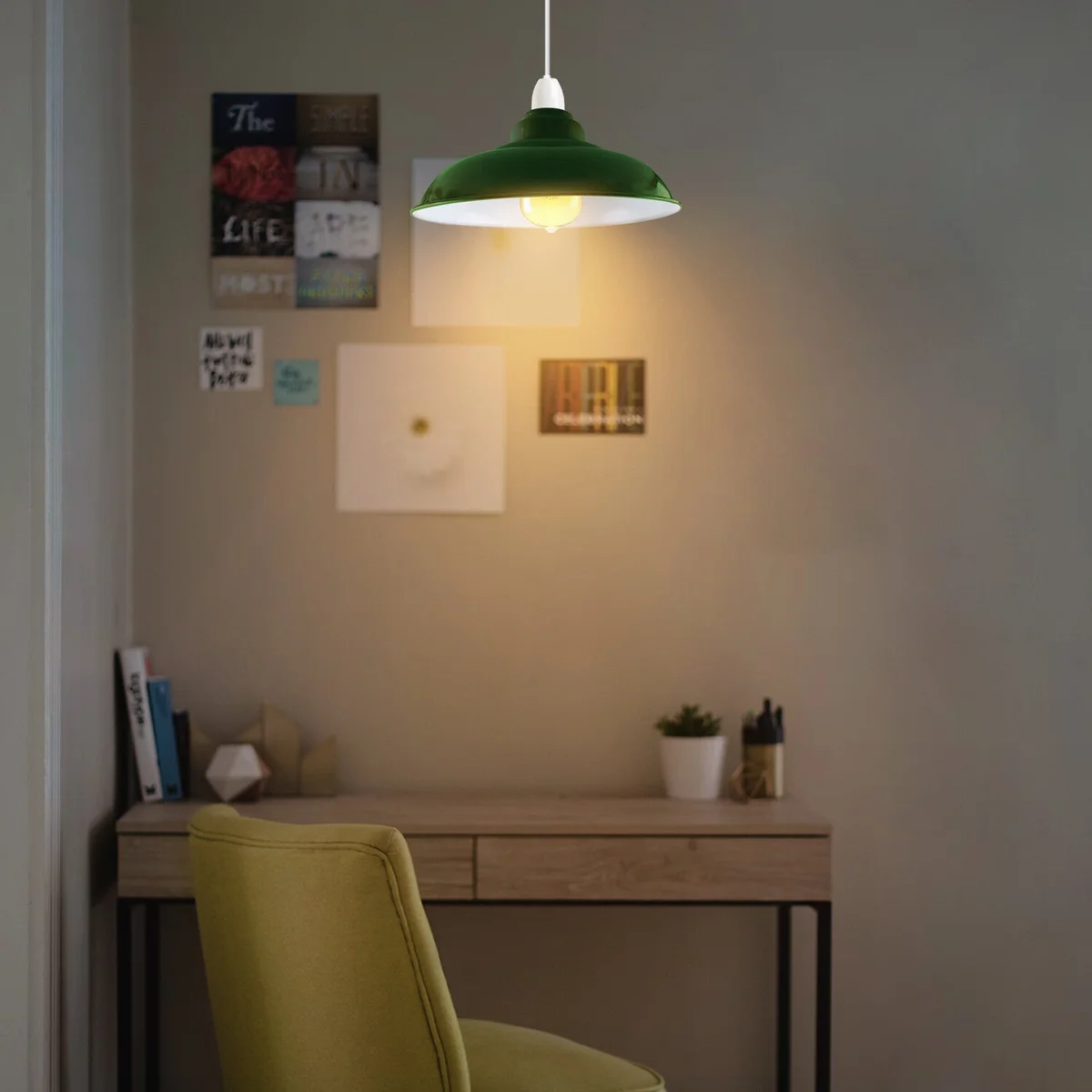 Green gloss semi-curvy metal pendant lamp shade with easy fit E27 base, ideal for modern and retro interiors