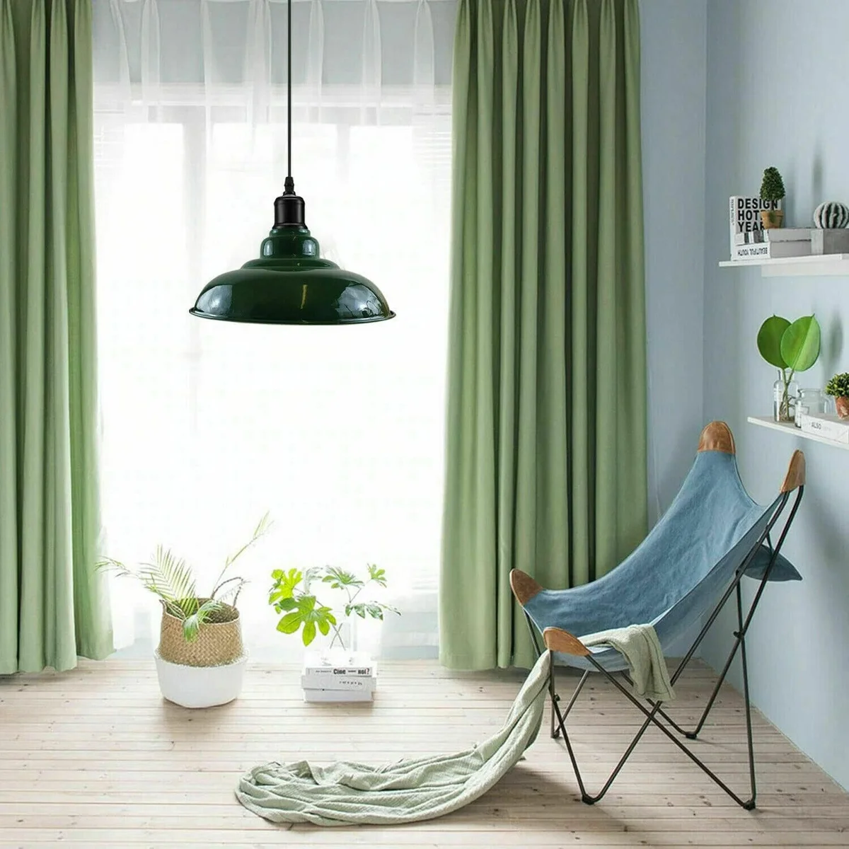 Green gloss semi-curvy metal pendant lamp shade with E27 fitting, ideal for modern and retro interiors, 32cm diameter