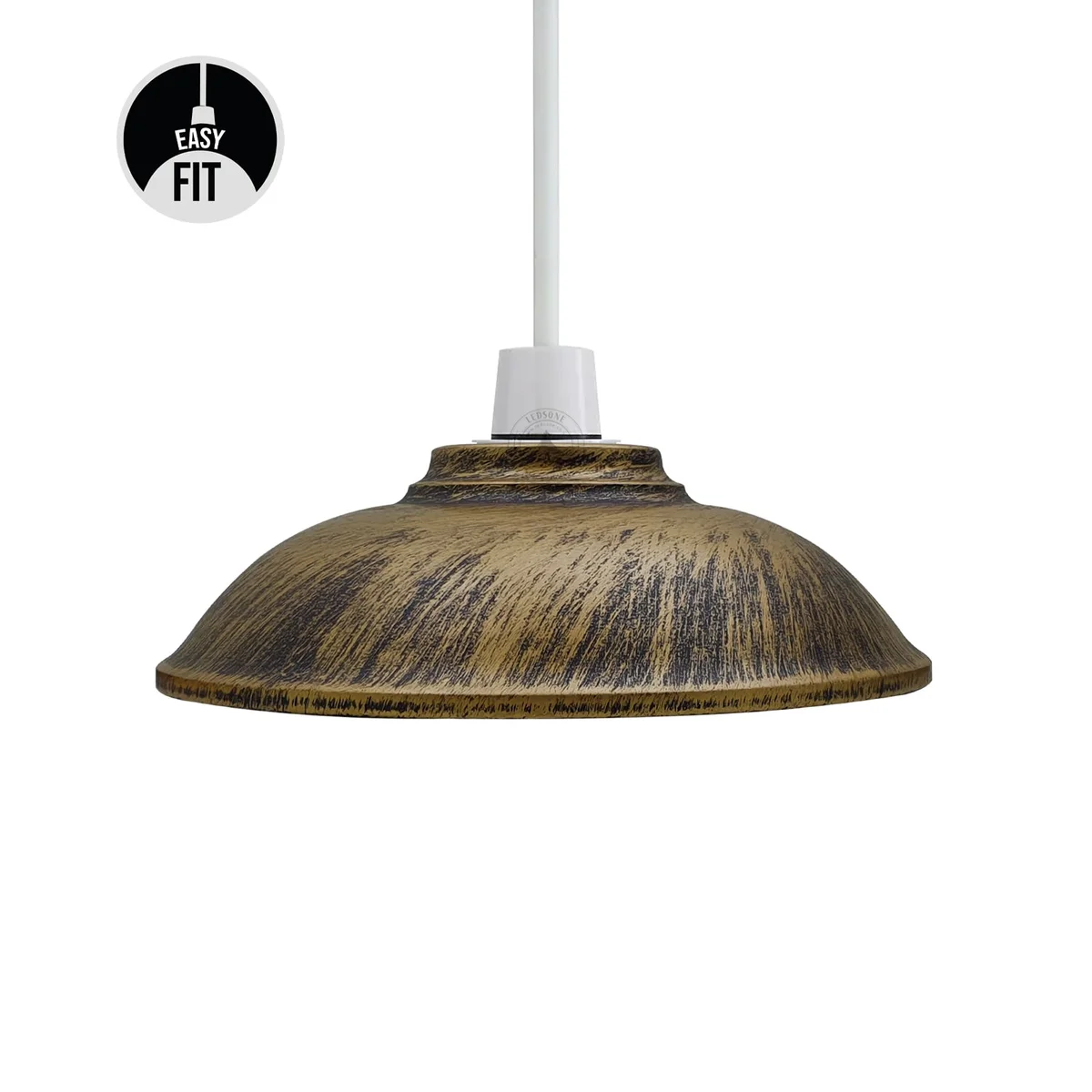 Green brass retro style ceiling light shade with half round metal design and concrete effect finish hanging from ceiling