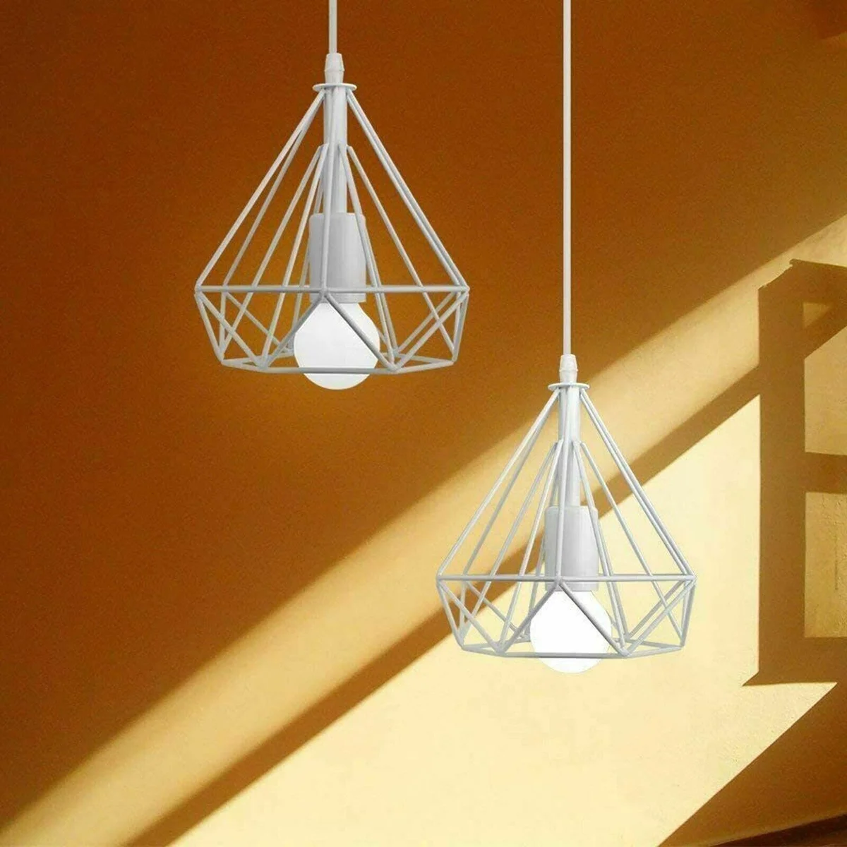 Contemporary metal wire cage light pendant with geometric design, painted gloss finish, easy fit for ceiling socket