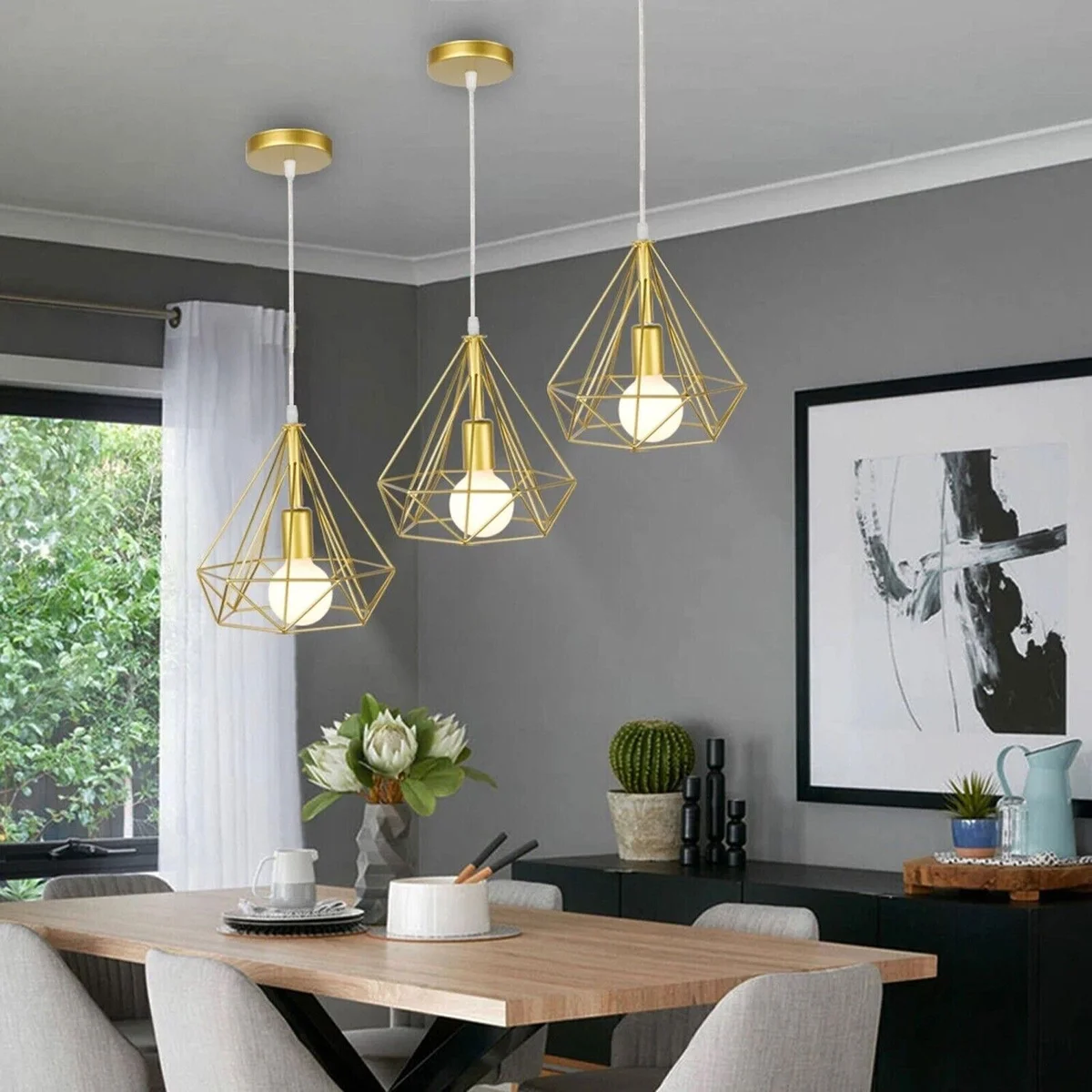 Metal geometric wire cage pendant light in gloss finish, designed for easy fitting with E27 bulb pendant sockets.