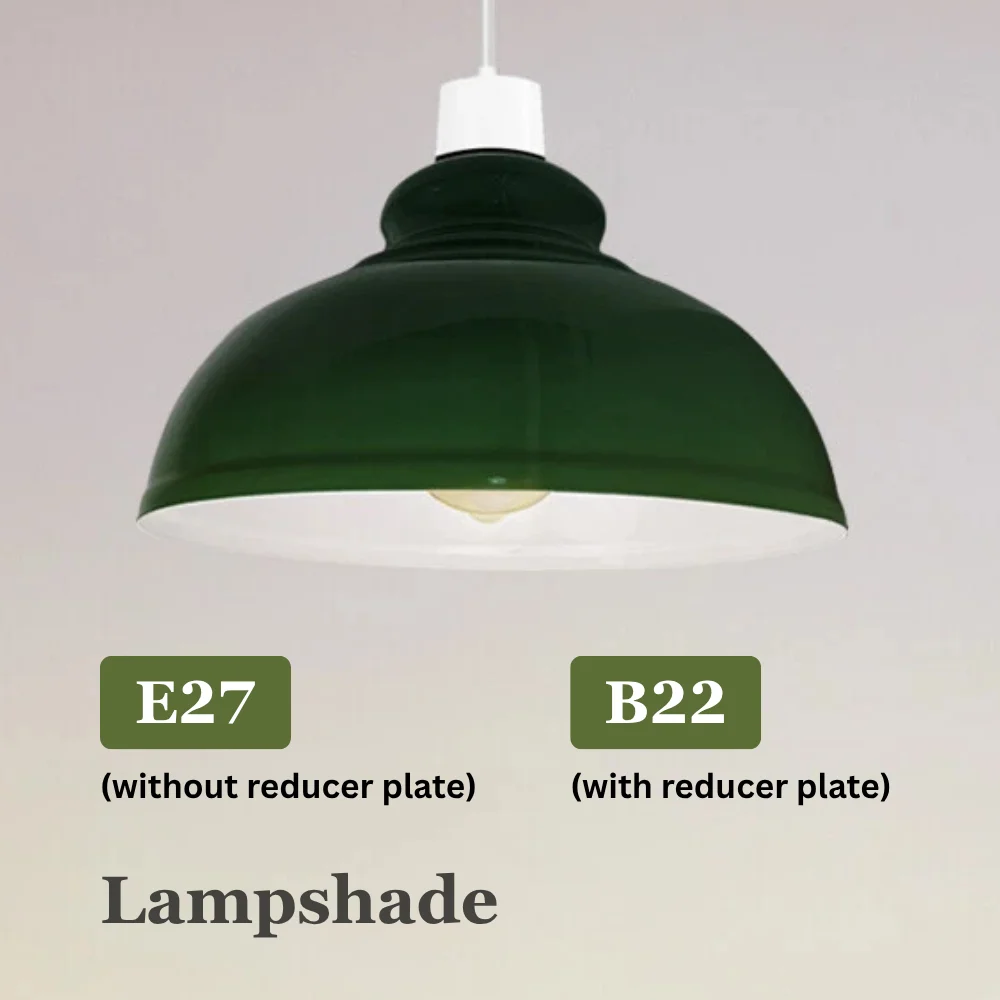 Green metal pendant lampshade with retro industrial design and concrete effect finish for ceiling light fitting