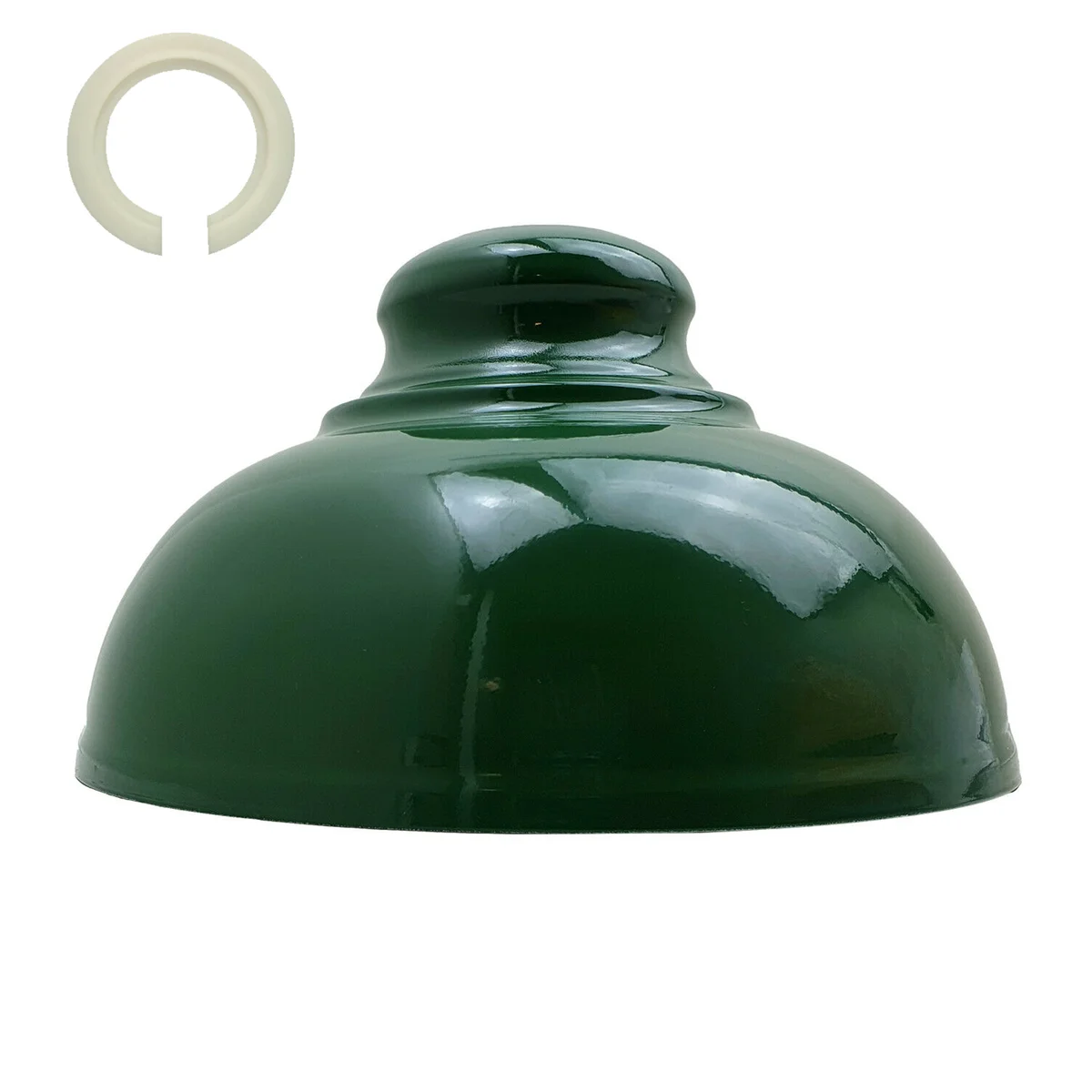 Green metal pendant lampshade with industrial concrete effect finish hanging from ceiling, easy fit design
