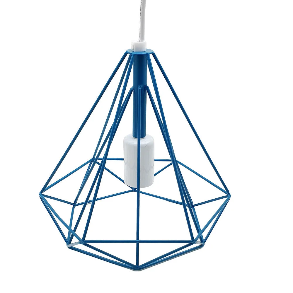 Blue diamond wire cage E27 pendant light shade in polished metal finish, 26 cm high and 25 cm wide ceiling lamp shade