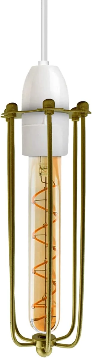 Long gold wire cage rustic industrial lampshade with slim 8cm profile designed for E27 bulbs and indoor use