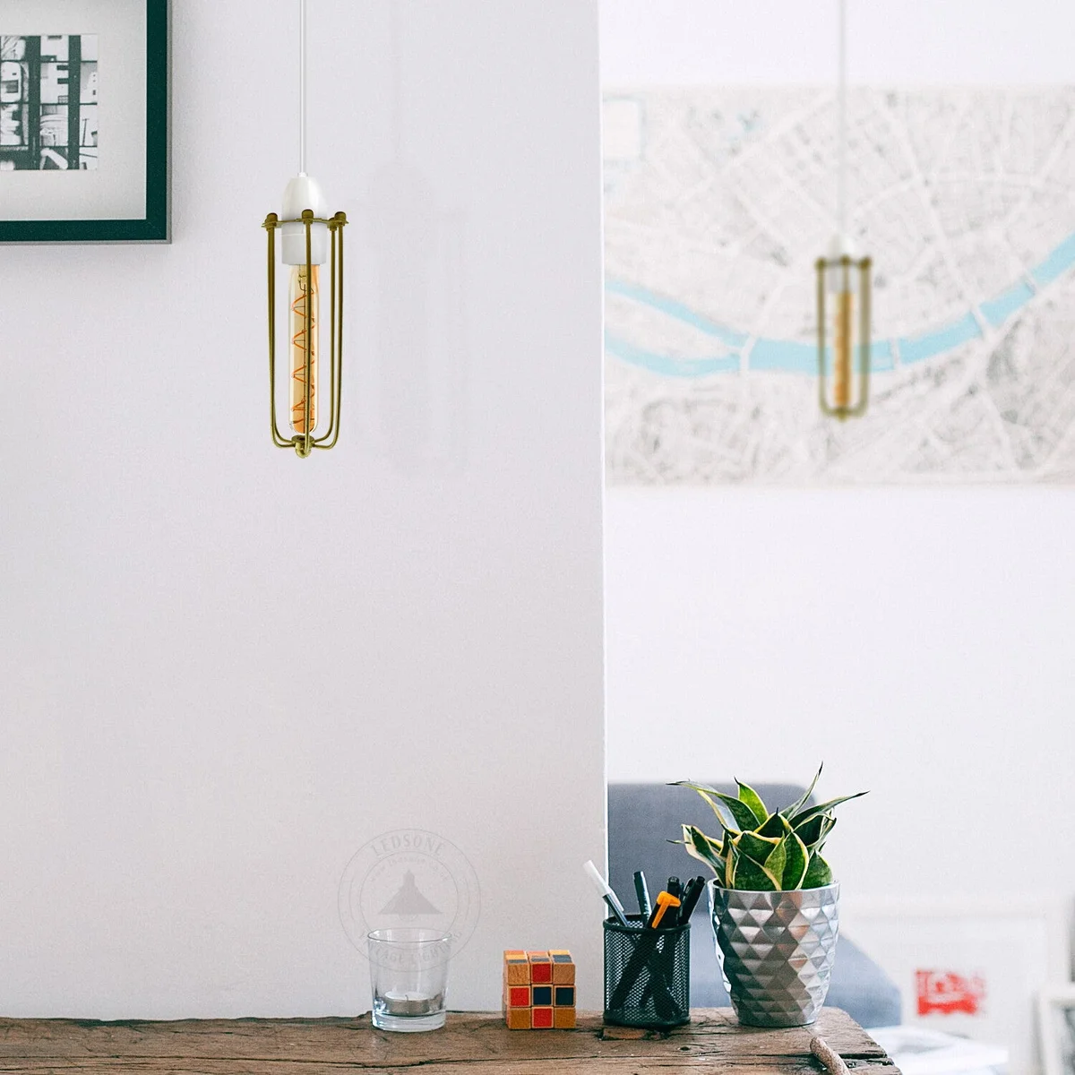 Long gold metal ceiling light shade with industrial wire cage design, slim 8cm width, suitable for E27 bulbs