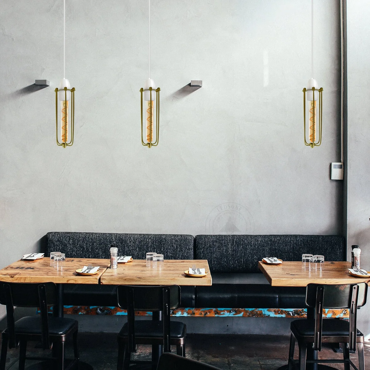 Gold vintage cylinder light shade with long wire cage design, slim 8cm width, compatible with E27 bulbs