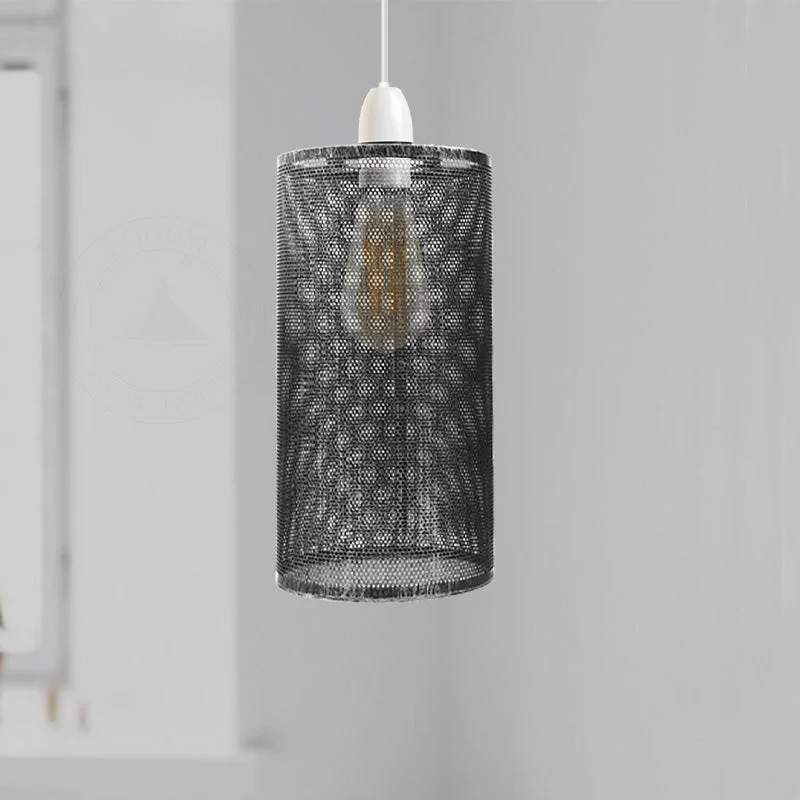 Brushed silver industrial ceiling lampshade with drum-shaped metal wire cage and easy fit design for E27 bulbs.