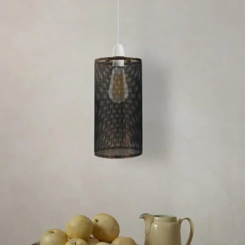 Rustic red metal easy fit pendant shade with industrial cage design, brushed finish, shown hanging indoors