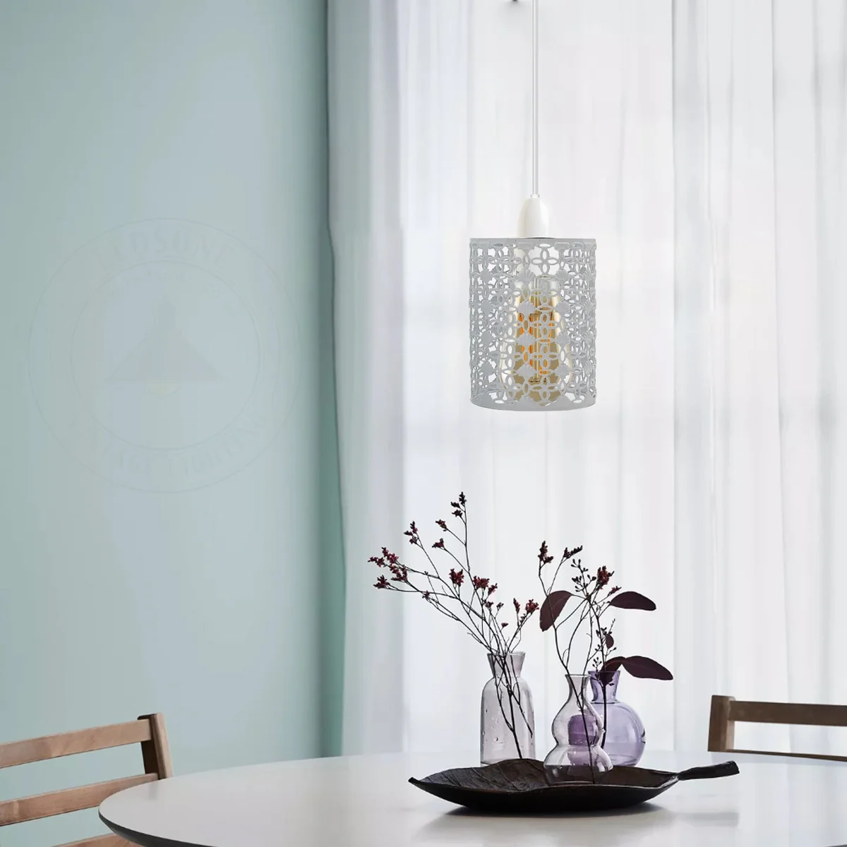 White metal pendant lampshade with drum cage design, easy-fit, 14cm height, 9.5cm width, no wiring needed