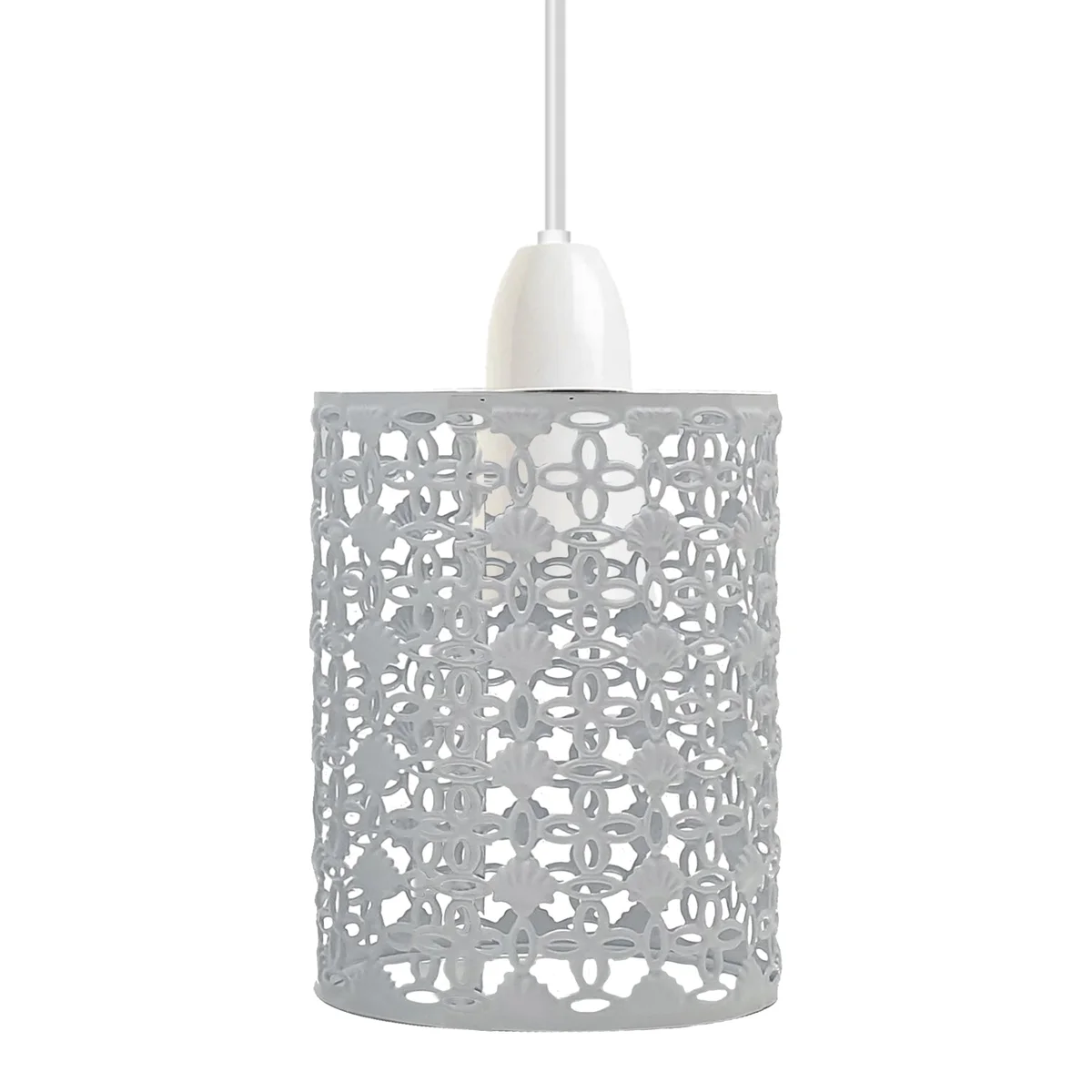 White metal drum lampshade with pattern cage design, easy fit pendant light for ceiling installation, 14cm height, 9.5cm width