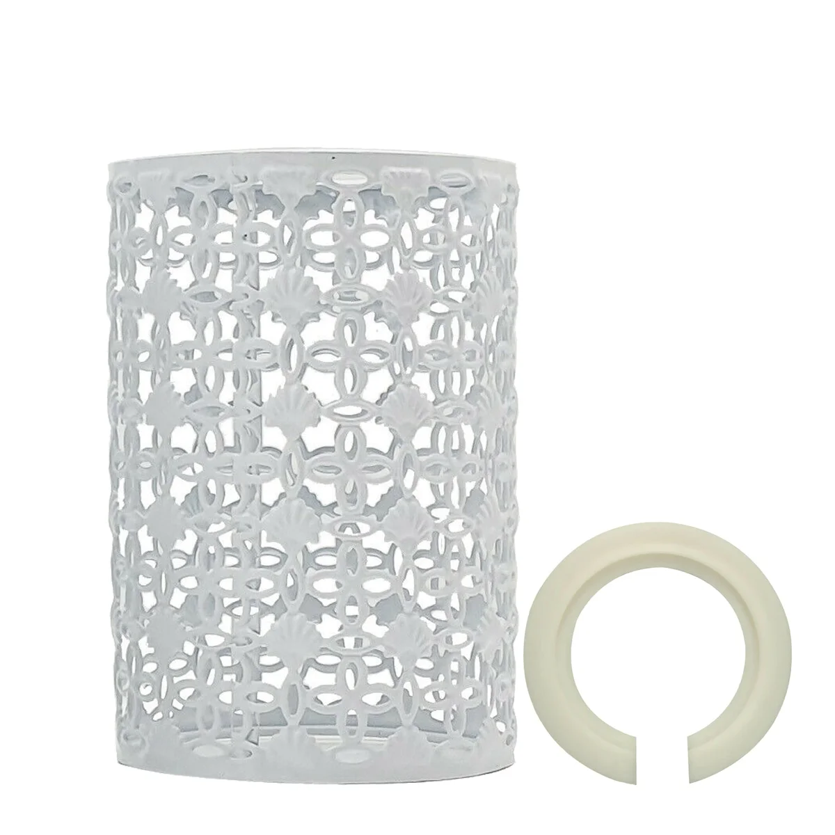 White metal pattern cage lampshade in drum shape, 14cm height, 9.5cm width, easy-fit for pendant lights, no bulb included