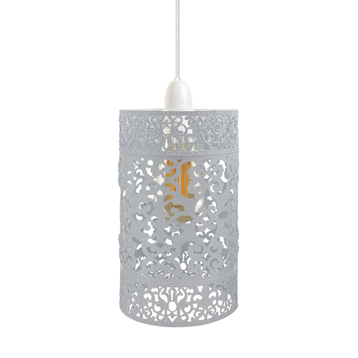 White metal drum lampshade with modern pattern and brushed finish, 24cm high and 13.5cm wide, easy fit design