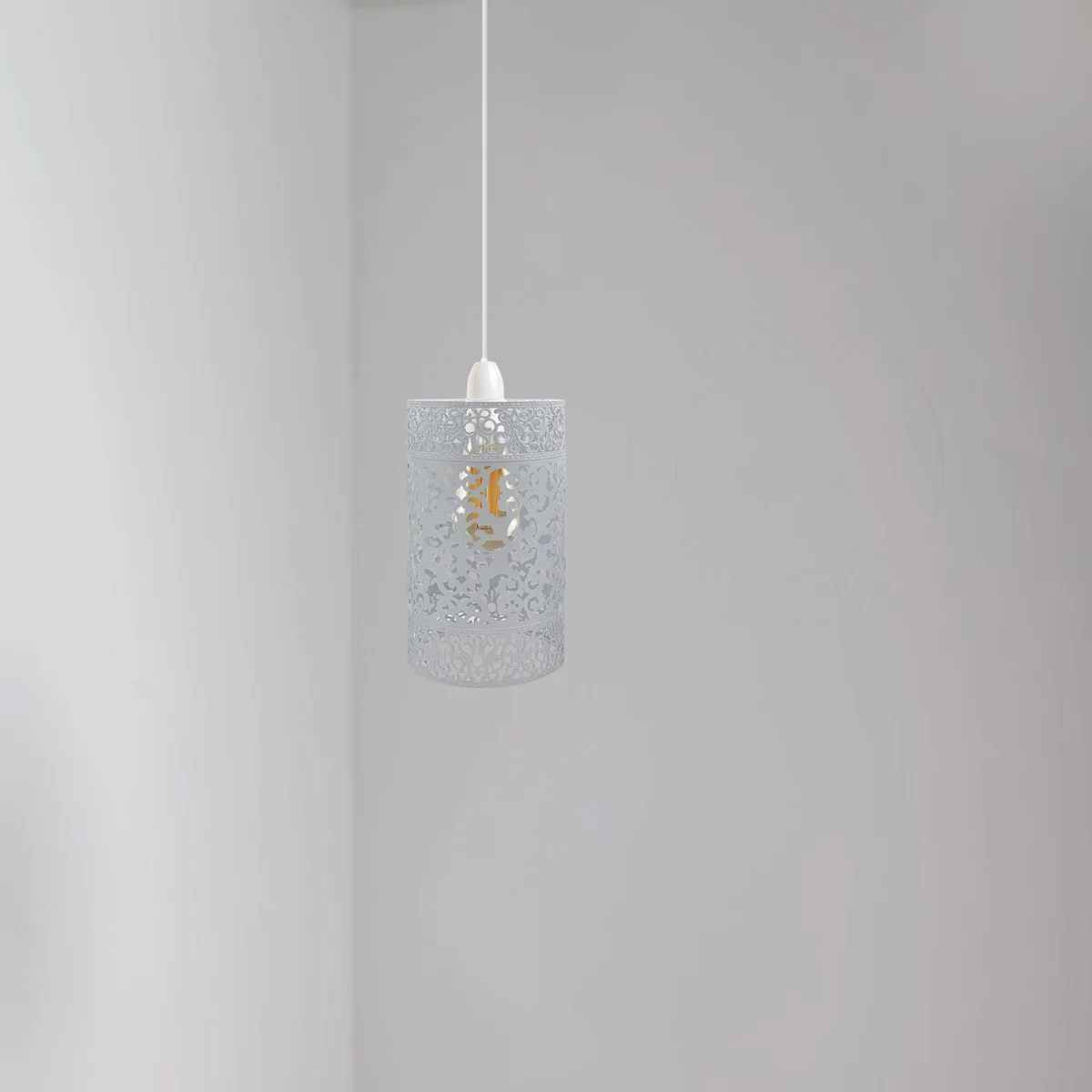 White metal drum easy fit lampshade with modern pattern, 24cm height, 13.5cm width, brushed industrial finish