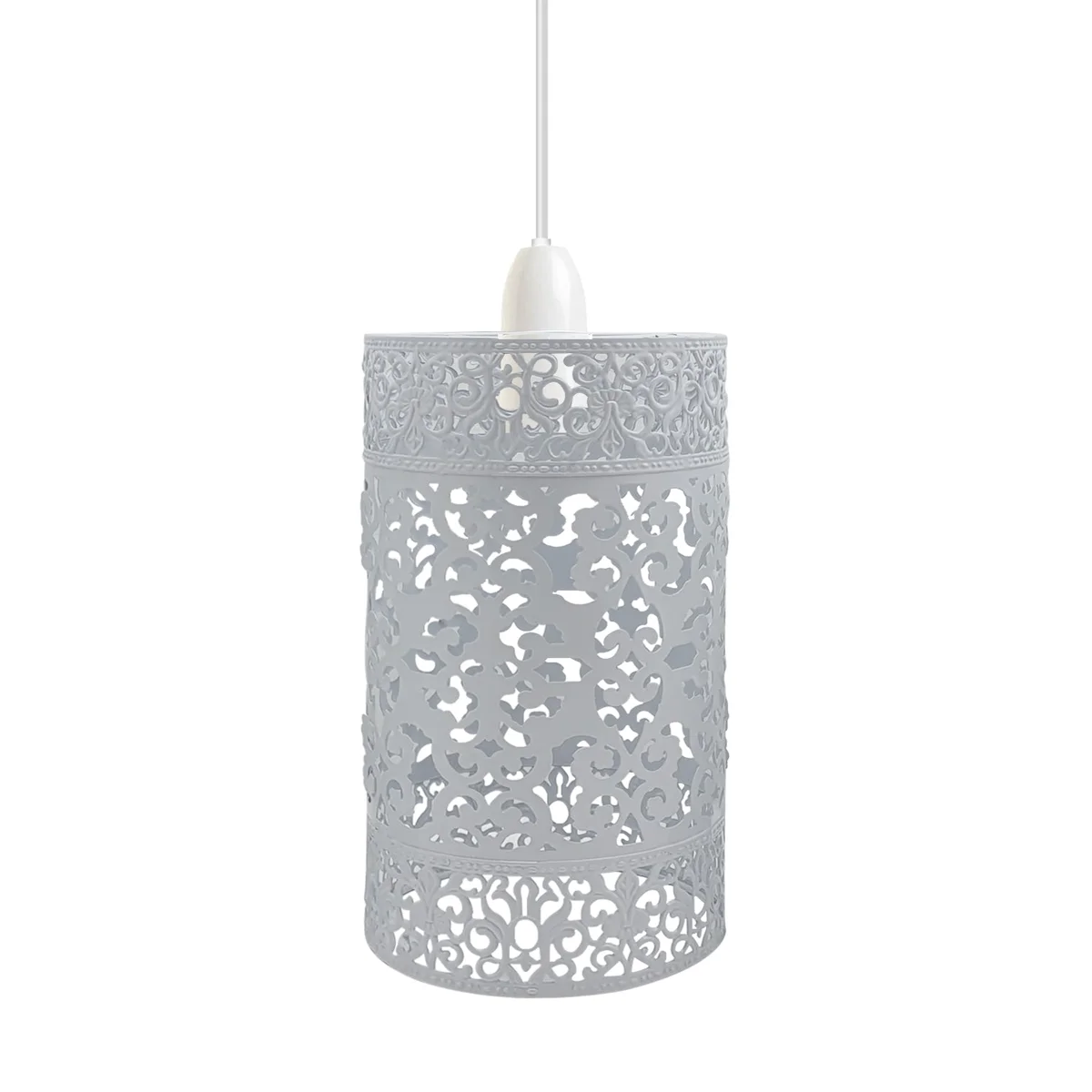 White metal pendant light shade with modern drum design and brushed effect finish, easy fit for ceiling lights