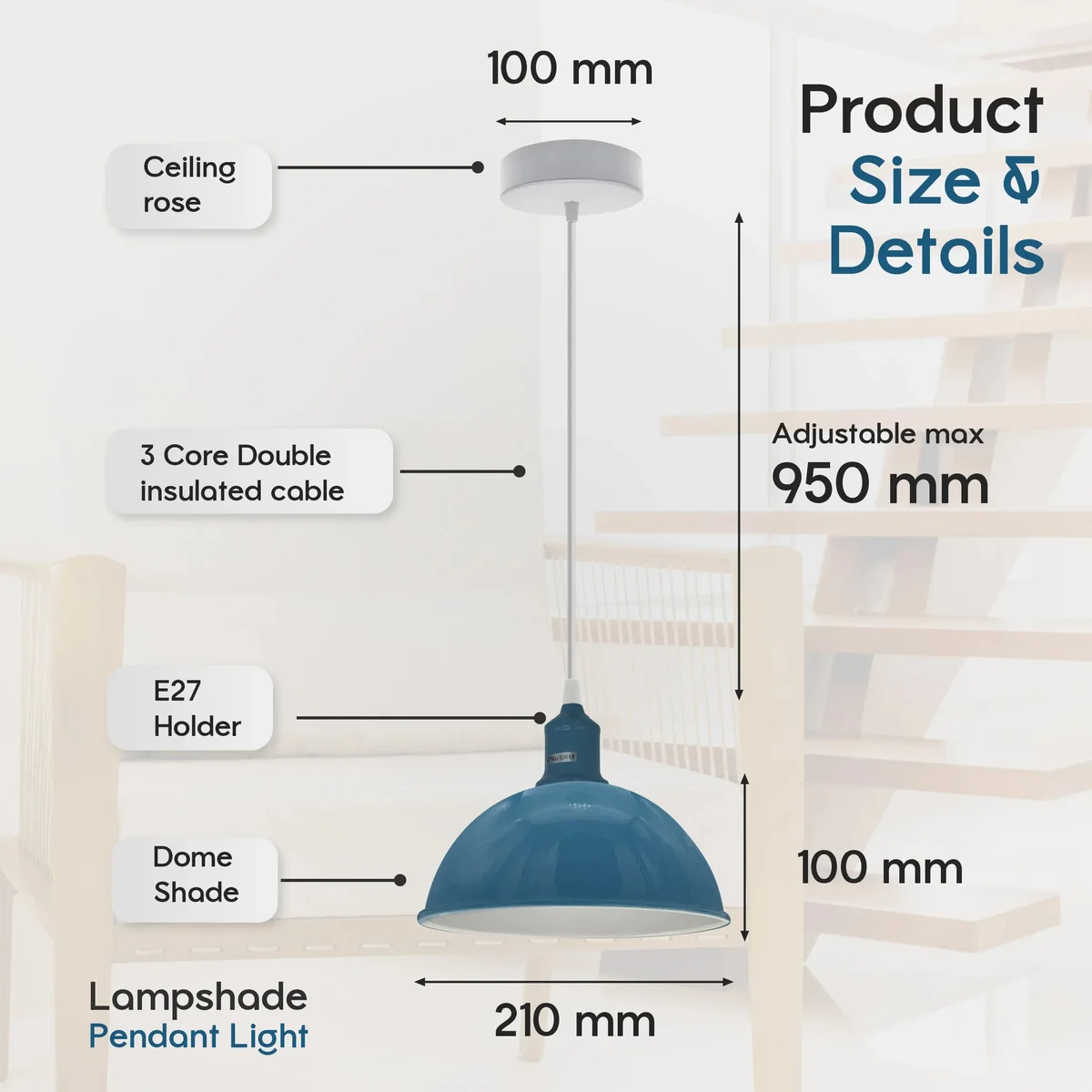 Two cyan blue dome-shaped metal E27 pendant lights with white inner finish hanging side by side against white background