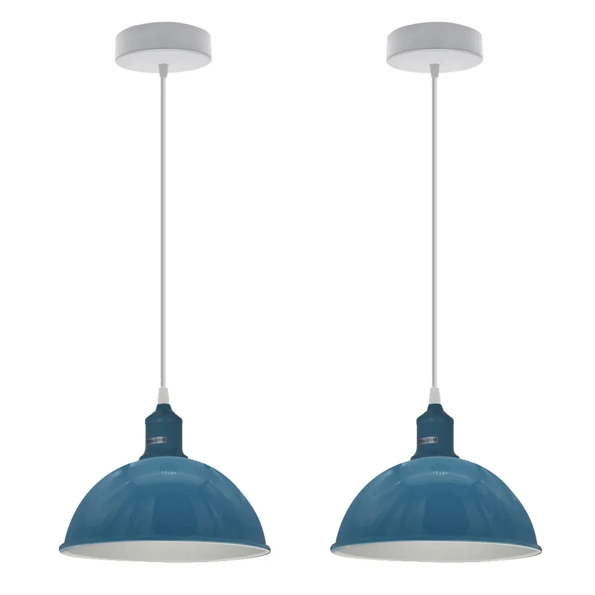 Two cyan blue dome-shaped metal pendant lights with E27 sockets, showcasing dimmable pendant lighting for indoor use.