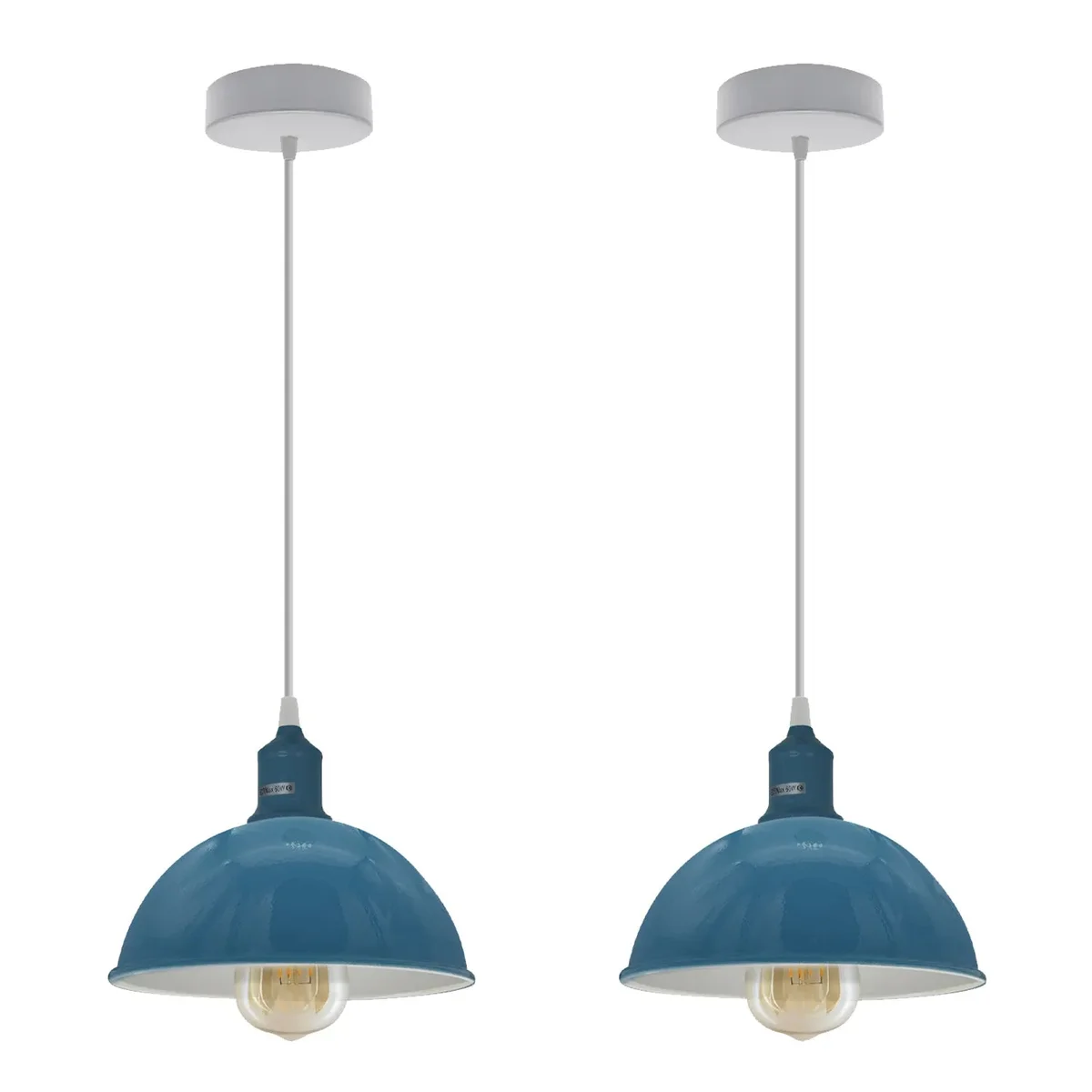 Two cyan blue dome shaped indoor metal pendant lights with white interiors hanging against a white background