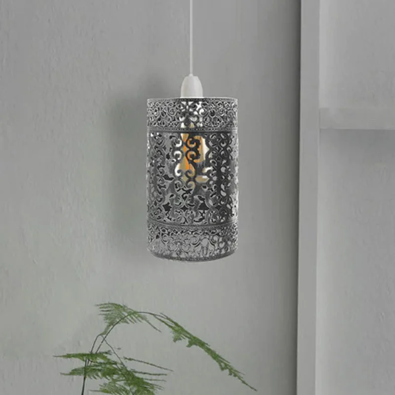 Brushed silver industrial drum lampshade with open metal wire cage and easy fit ceiling installation design