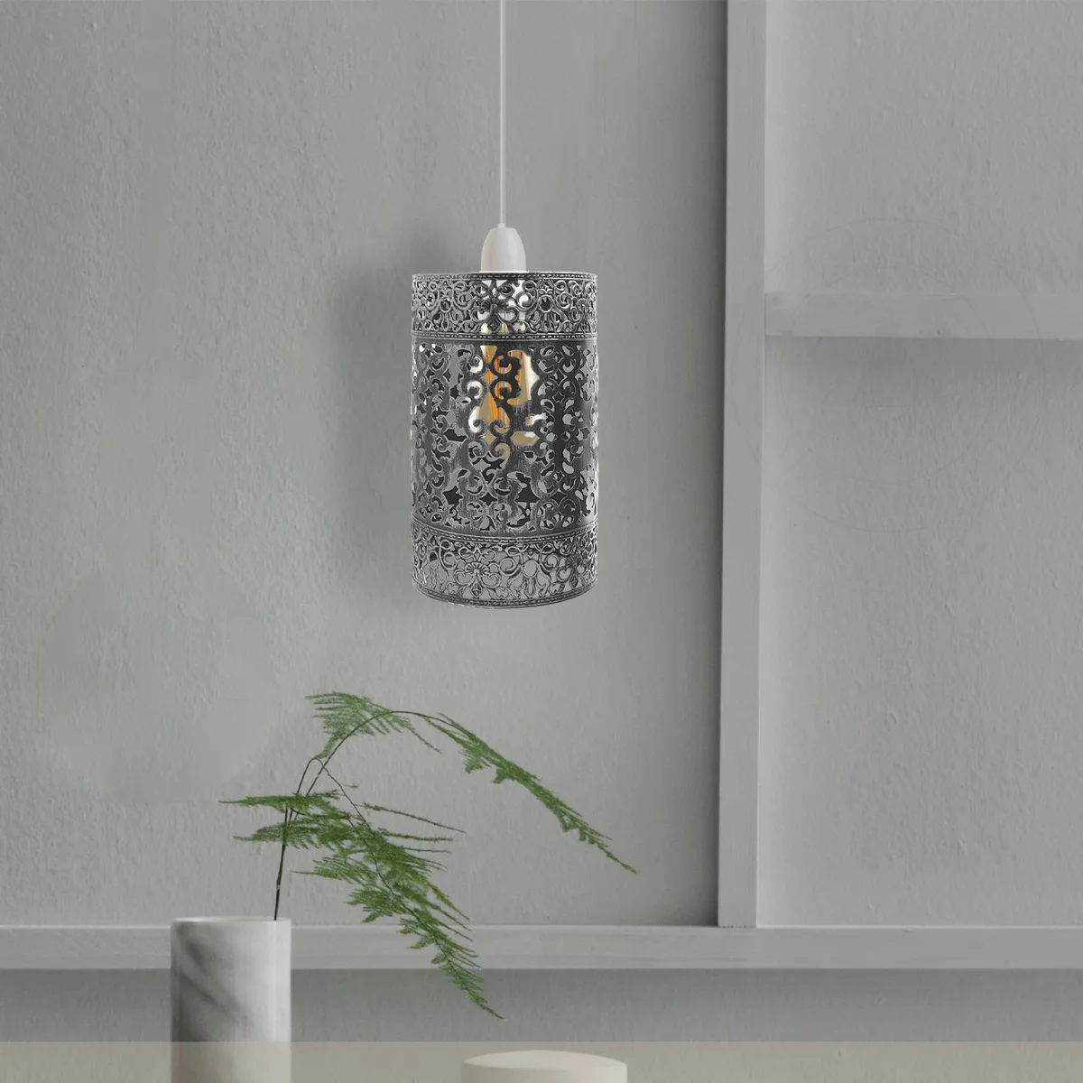 Brushed silver pendant shade with industrial drum metal cage design, easy fit for ceiling light sockets, no bulb included