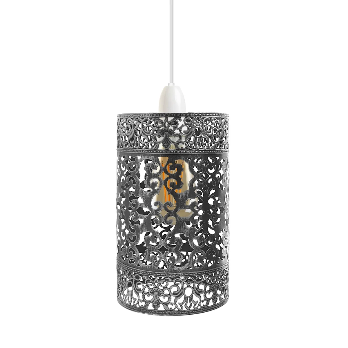 Brushed silver industrial ceiling lampshade with metal drum cage and reducer plate for easy fit installation indoors