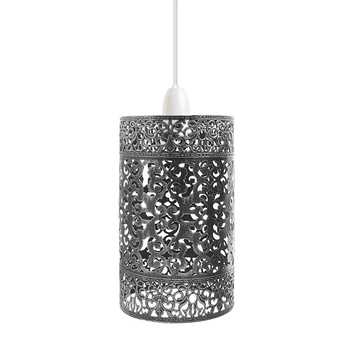 Brushed silver industrial drum lampshade with open metal wire cage and reducer plate for easy fit ceiling installation