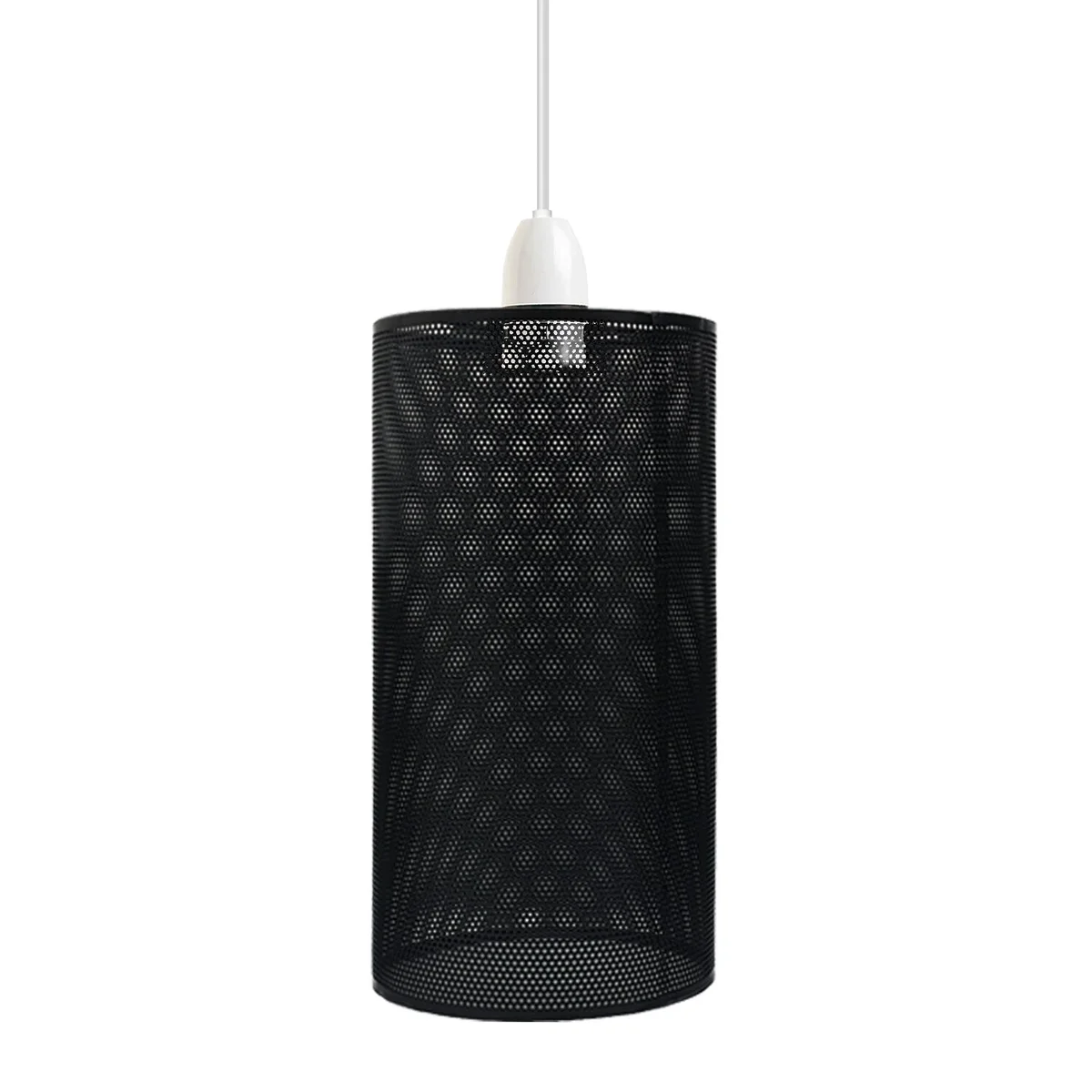 Black industrial wire cage drum lampshade with easy fit ceiling mount and reducer plate, metal construction, 22cm high by 11cm wide