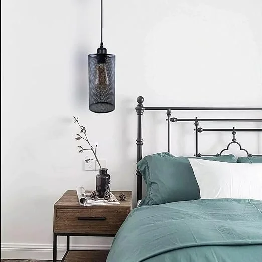 Black industrial drum metal wire cage E27 bulb lampshade with easy fit ceiling installation and reducer plate included