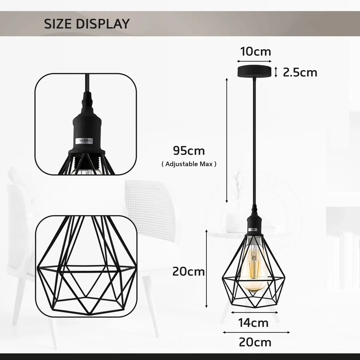 White metal vintage loft style E27 hanging light with cage shade and ceiling pendant design against plain background