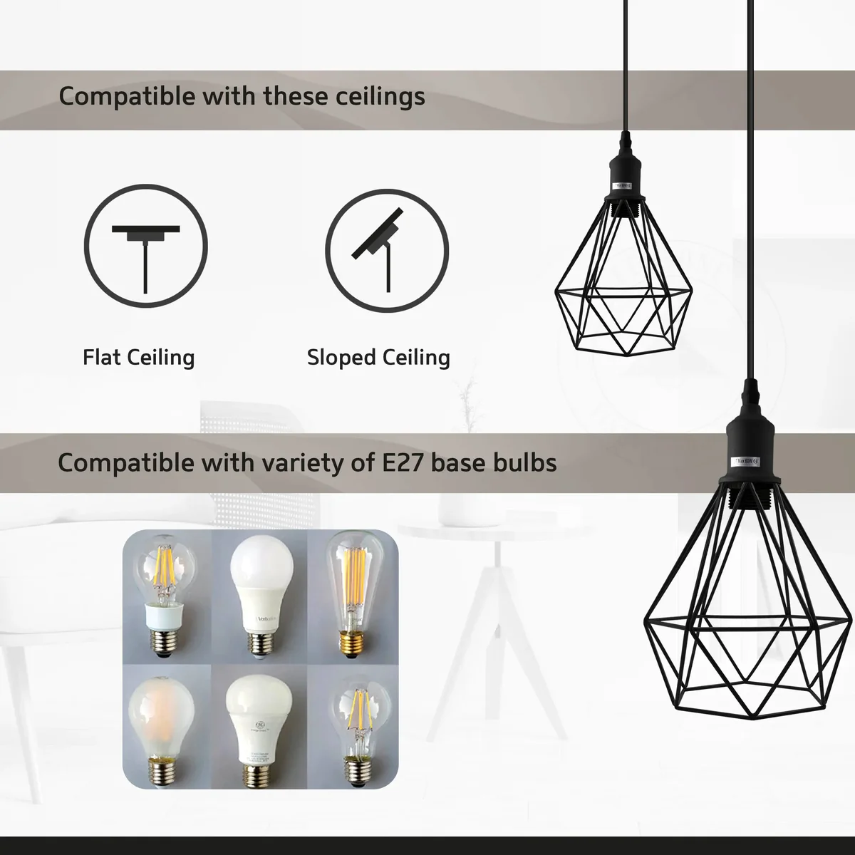 White metal loft style pendant light with cage shade hanging from ceiling, vintage industrial design with E27 bulb socket
