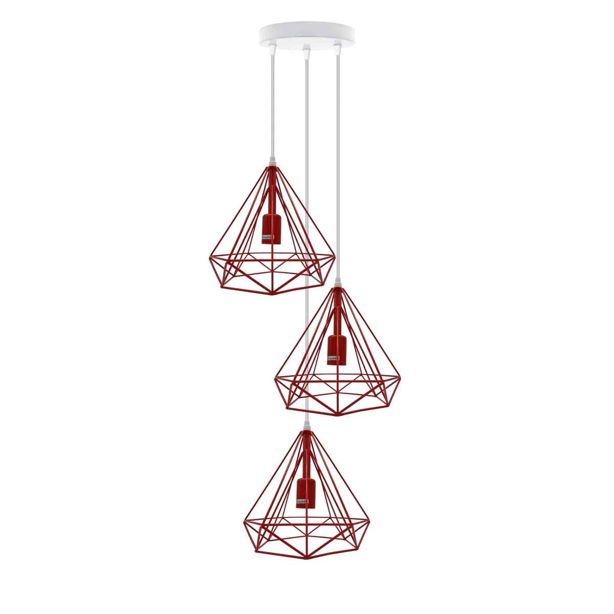 Vintage pendant ceiling light with three metal cage shades hanging from black cords against a white background