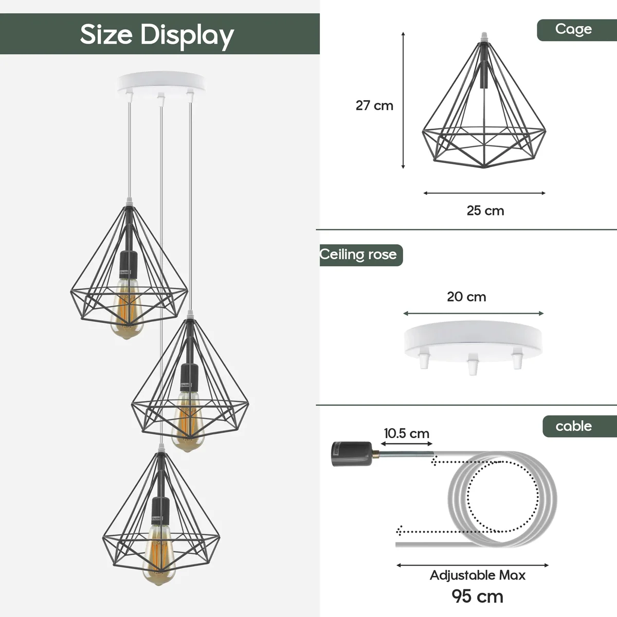 Three vintage metal light cages with E27 ceiling pendant lamp holders and 95cm cables hanging against a white background