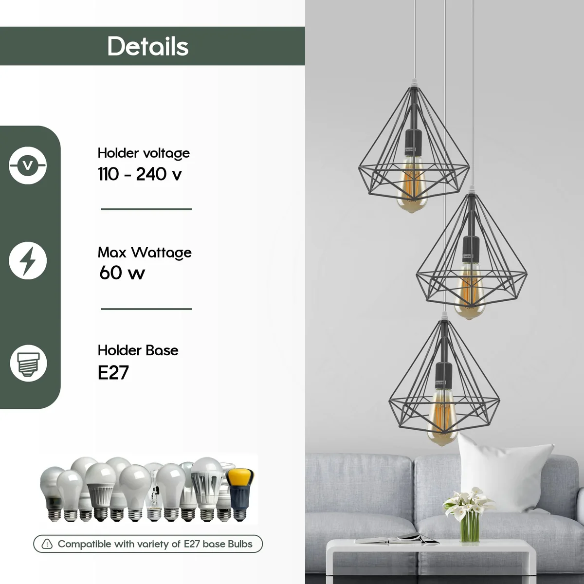 Three vintage metal cage shades hanging from ceiling cables, showcasing a dimmable indoor pendant light design