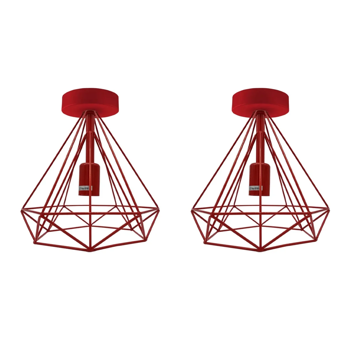 Red flush mount ceiling light with metal cage lampshade, vintage style, suitable for indoor rooms, two E27 bulbs.