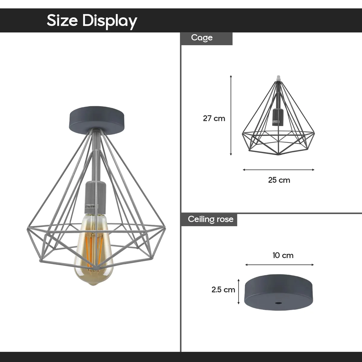 Red metal cage ceiling light with two E27 bulb holders and flush mount design for indoor use