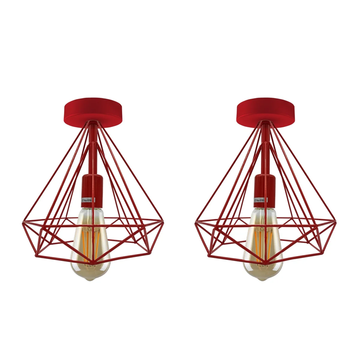 Red metal cage indoor flush mount lamp with two E27 bulb holders, vintage style ceiling light fixture