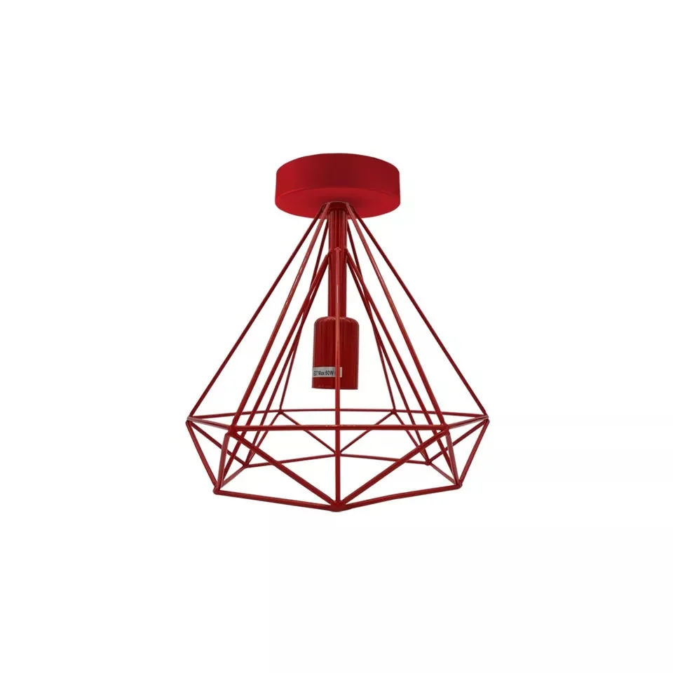 Red flush mount ceiling light with metal cage lampshade shown installed on white ceiling indoors