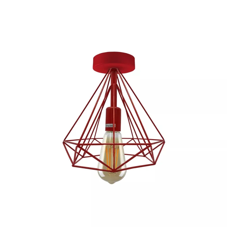 Red flush mount ceiling light with metal cage lampshade, vintage style, designed for indoor use, E27 bulb compatible.