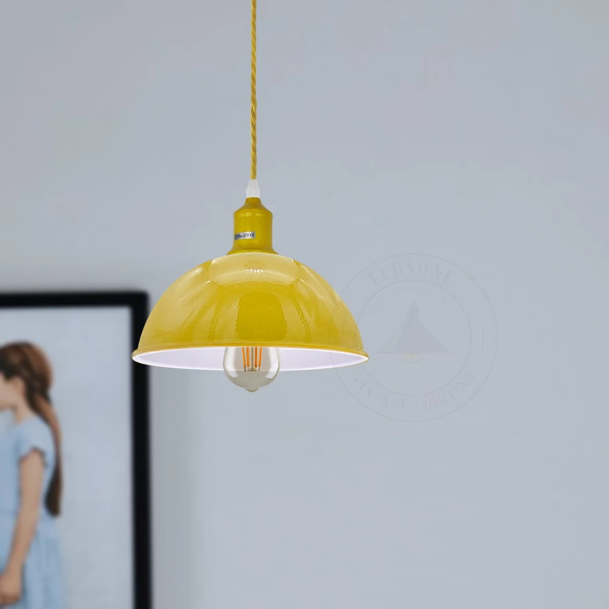 Yellow dome pendant light shade with brushed nickel finish, angled for sloped ceilings, easy fit ceiling lamp design