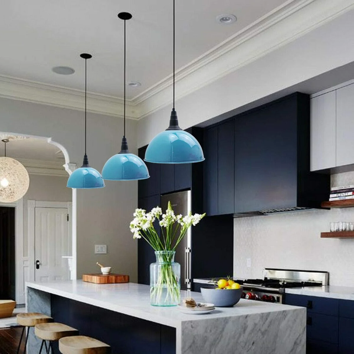 Modern large 40cm white inner metal dome bedroom pendant light fitting shown from a side angle against white background