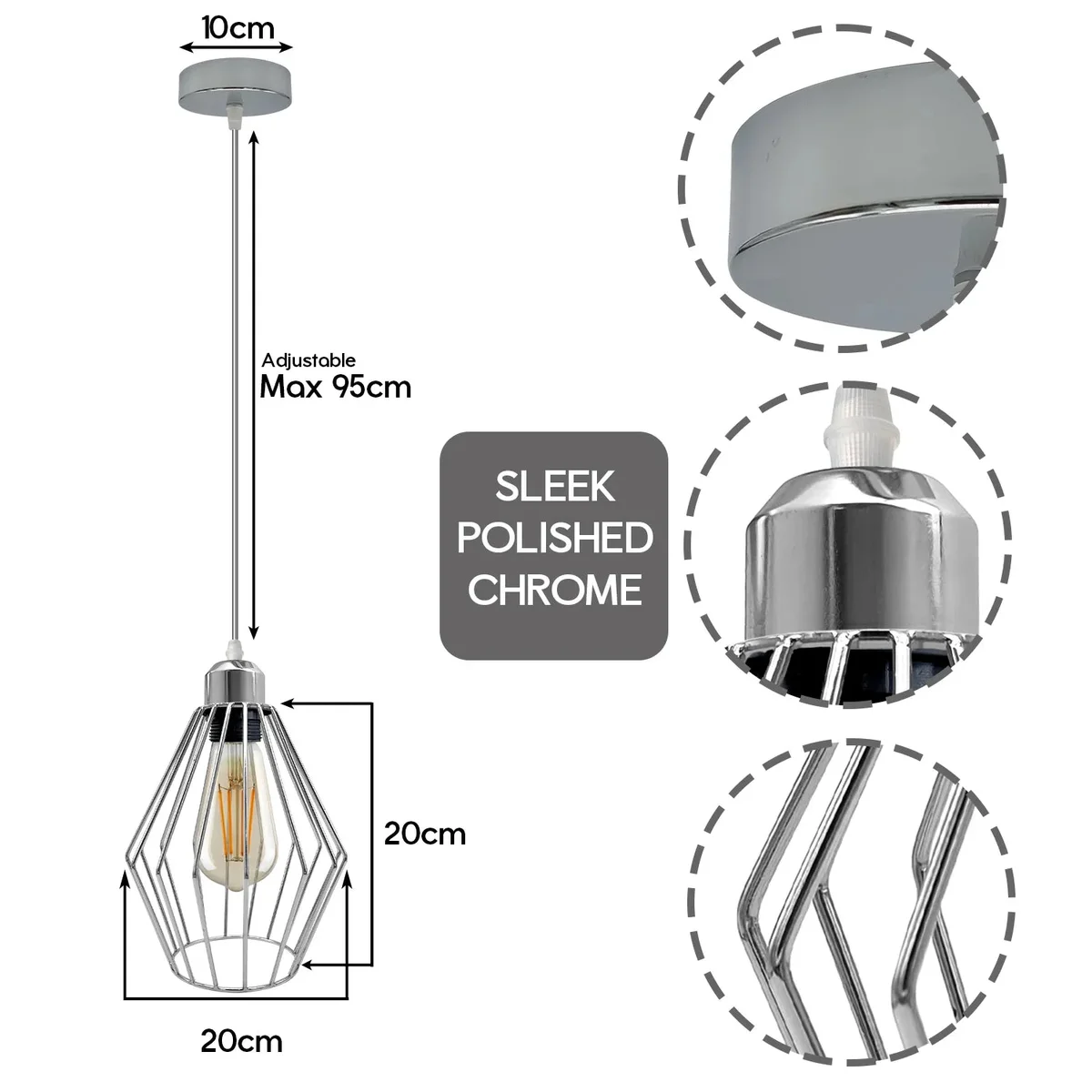 Chrome diamond cage industrial pendant light with 20cm shade, vintage retro style, E27 base, hanging from ceiling