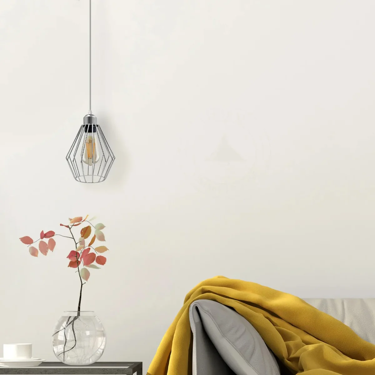 Chrome metal diamond lamp shade with open cage design hanging from ceiling, vintage loft style pendant light fixture