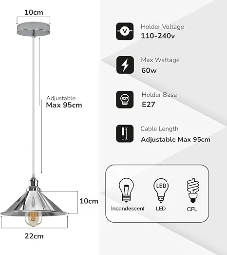 Chrome metal pendant shade with cone shape and 95cm hanging cord for E27 bulb, vintage style indoor lighting fixture