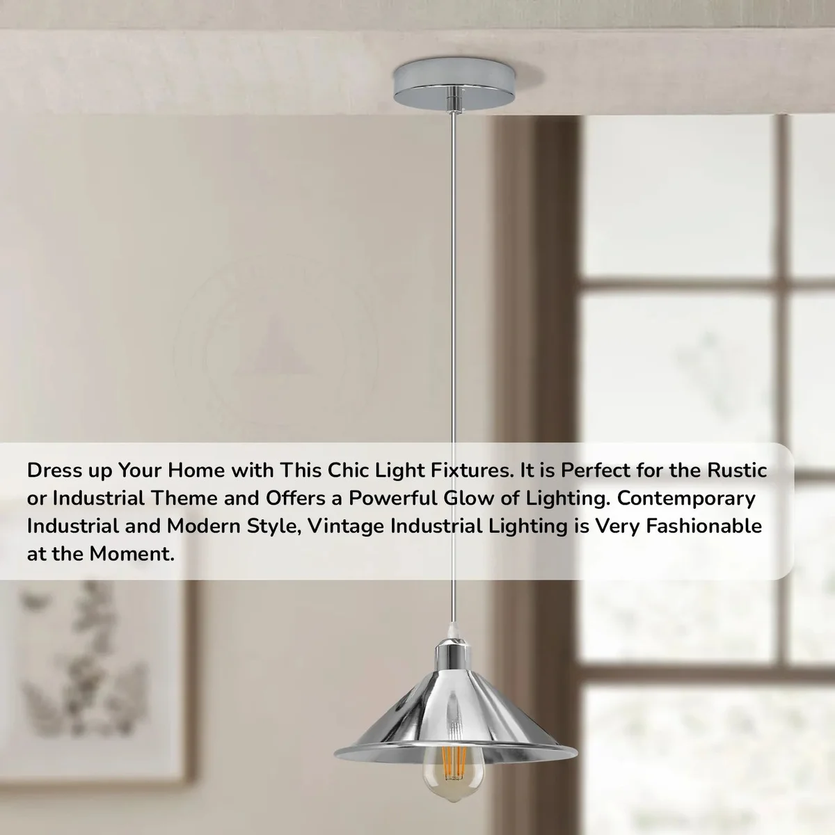Chrome metal cone pendant shade with 95cm cable and E27 pendant fitting for vintage style indoor lighting