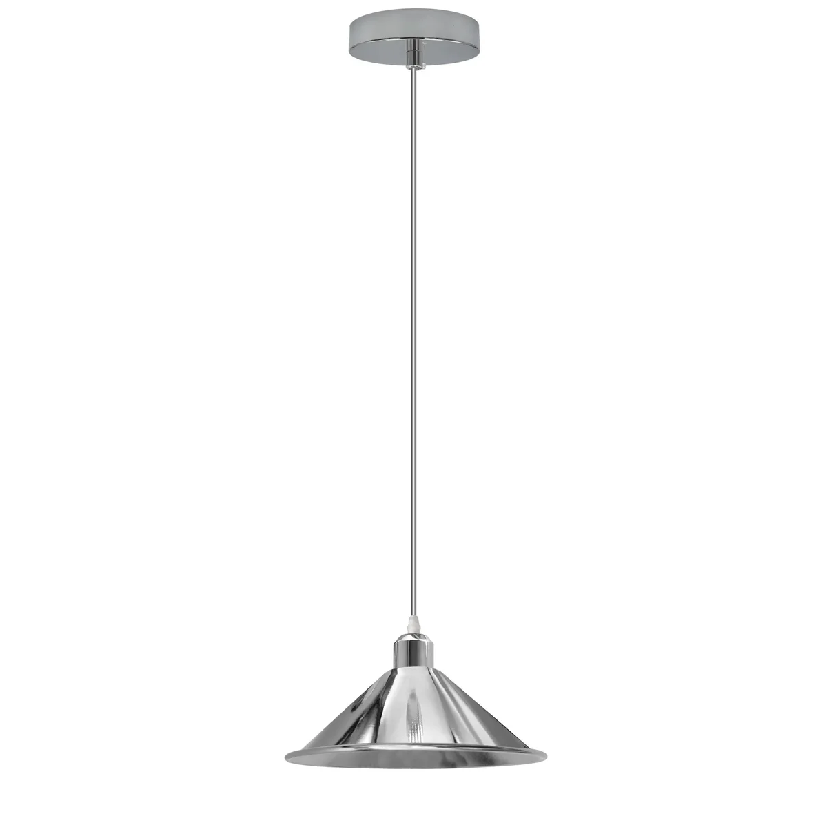 Chrome cone-shaped metal vintage hanging light shade with 95cm cord and E27 socket for indoor use