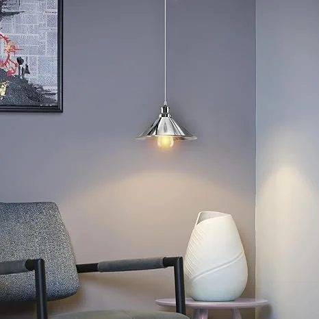 Chrome cone shaped lampshade pendant light with 95cm cable and E27 socket in electroplated metal finish