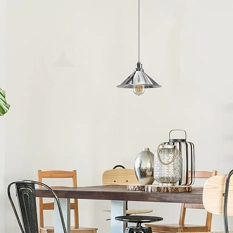 Chrome cone-shaped metal pendant shade with 95cm cord, vintage style indoor ceiling light for E27 bulbs