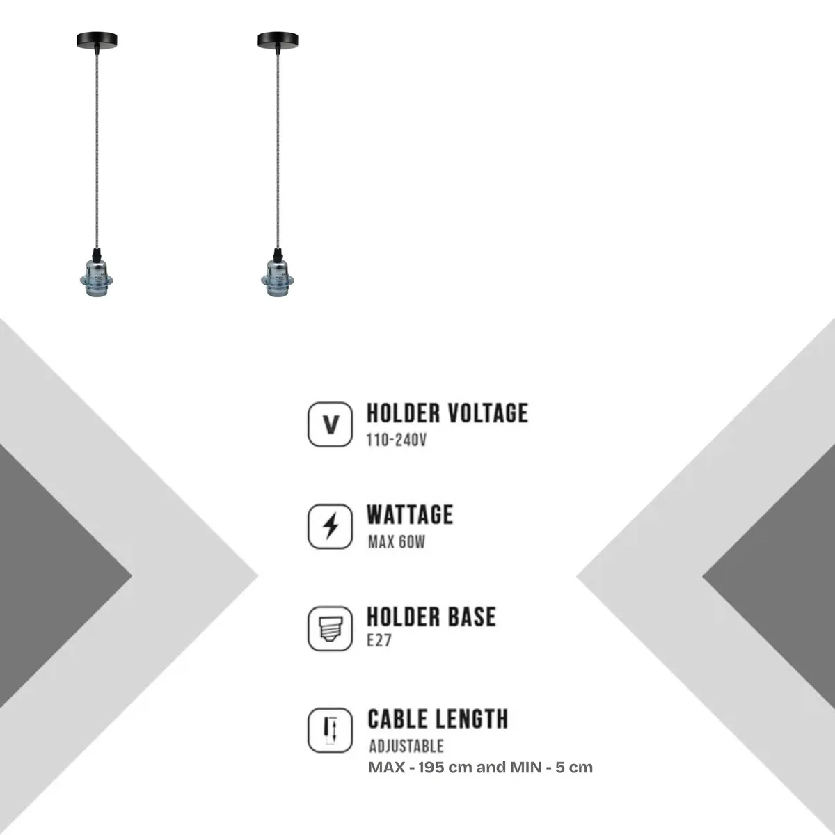 Chrome pendant light with polished finish, hanging from adjustable cable pendant, ideal for indoor use with E27 bulb holder